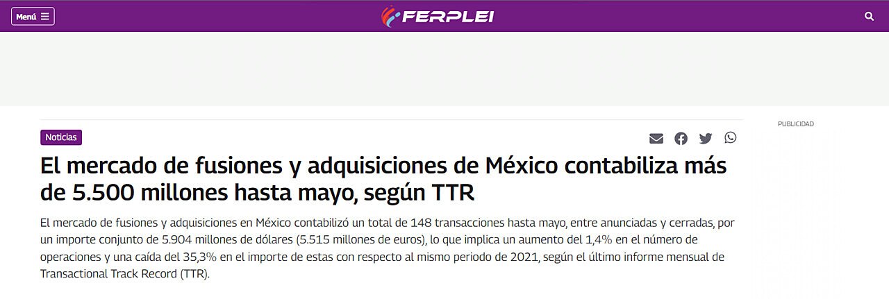 El mercado de fusiones y adquisiciones de Mxico contabiliza ms de 5.500 millones hasta mayo, segn TTR